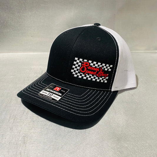 Richardson 112 Black & White-Red Checkered Logo